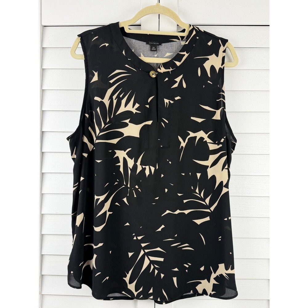 Ann Taylor Blouse XXL Black Tan Palm Print Sleeveless Mixed Media‎ Keyhole Neck